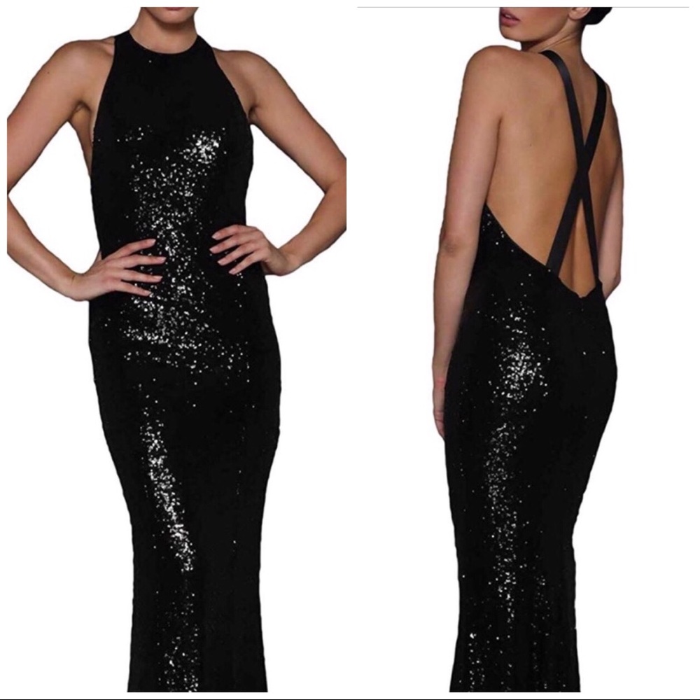 Fits 8-10 Black sequins crossover low back maxi